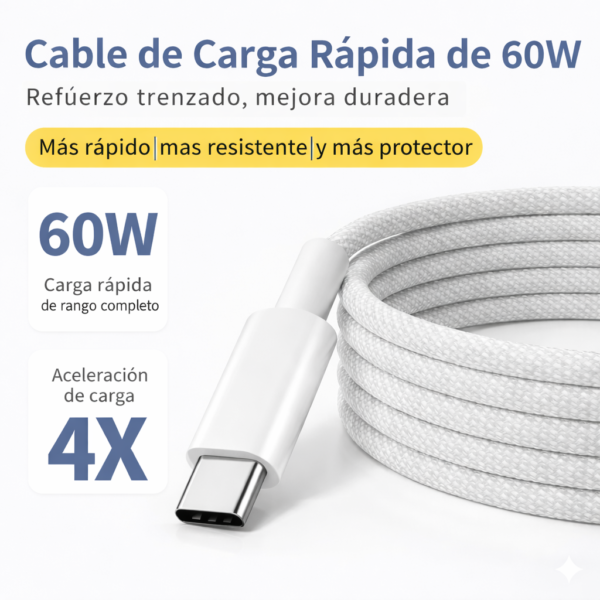Cable de Carga para iPhone 16, 17 Pro  Tipo C- C 60w Trenzado 1m