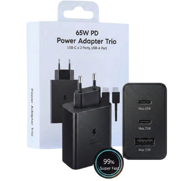 Cargador Super Rápido 65w Trío P/ Samsung/Android S24 S25 Power Delivery con cable de 5A
