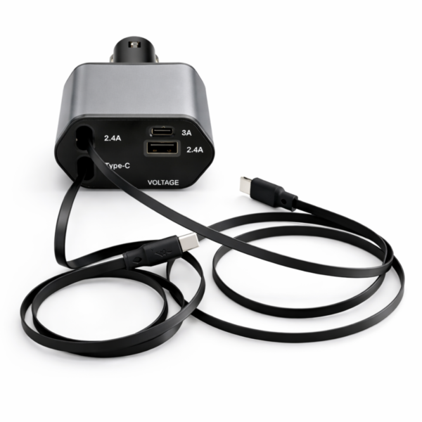 Cargador de Celular para Auto Super Rápido 2 Cables Retráctiles + 2 puertos y Display de carga de la Batería