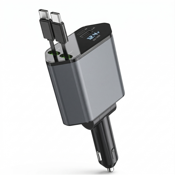 Cargador de Celular para Auto Super Rápido 2 Cables Retráctiles + 2 puertos y Display de carga de la Batería