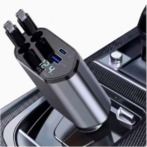 Cargador de Celular para Auto Super Rápido 2 Cables Retráctiles + 2 puertos y Display de carga de la Batería