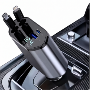 Cargador de Celular para Auto Rápido Cables Retráctiles Tipo C y Lightning + 2 puertos y Display de carga de la Batería