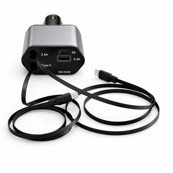 Cargador de Celular para Auto Rápido Cables Retráctiles Tipo C y Lightning + 2 puertos y Display de carga de la Batería